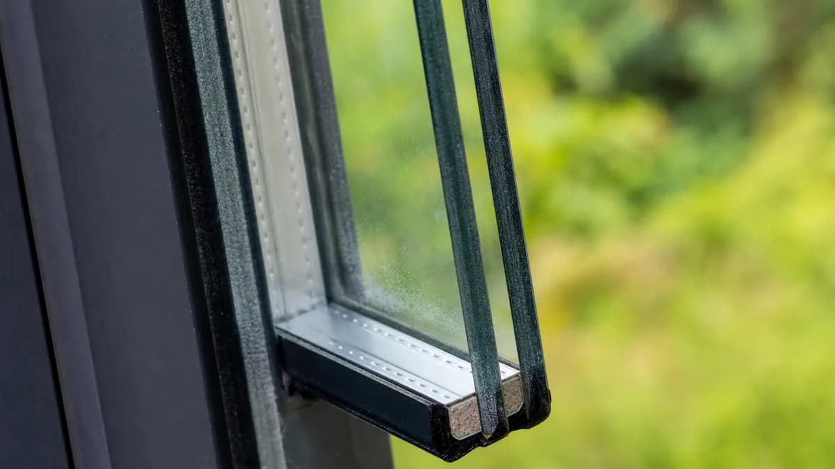 Close-up of the edge of a dual-pane glass unit showing both panes and the spacer between them, with greenery blurred behind.