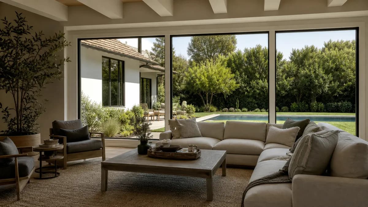 Shaded family room on a hot afternoon with large low-e coated windows facing a sunny backyard