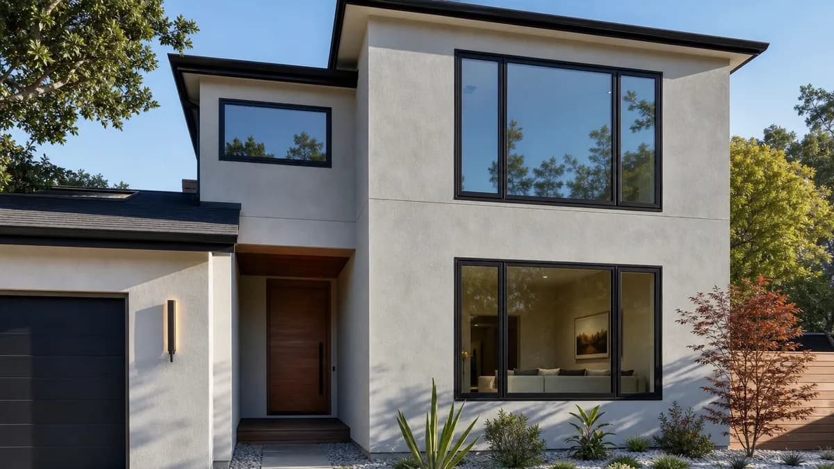 Modern two-story house with light stucco walls and black-framed windows.