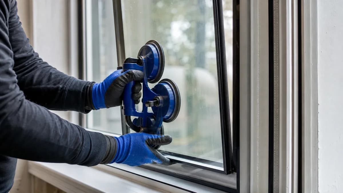 Gloved hands using a blue suction-cup lifter to set a glass pane into a dark window frame.