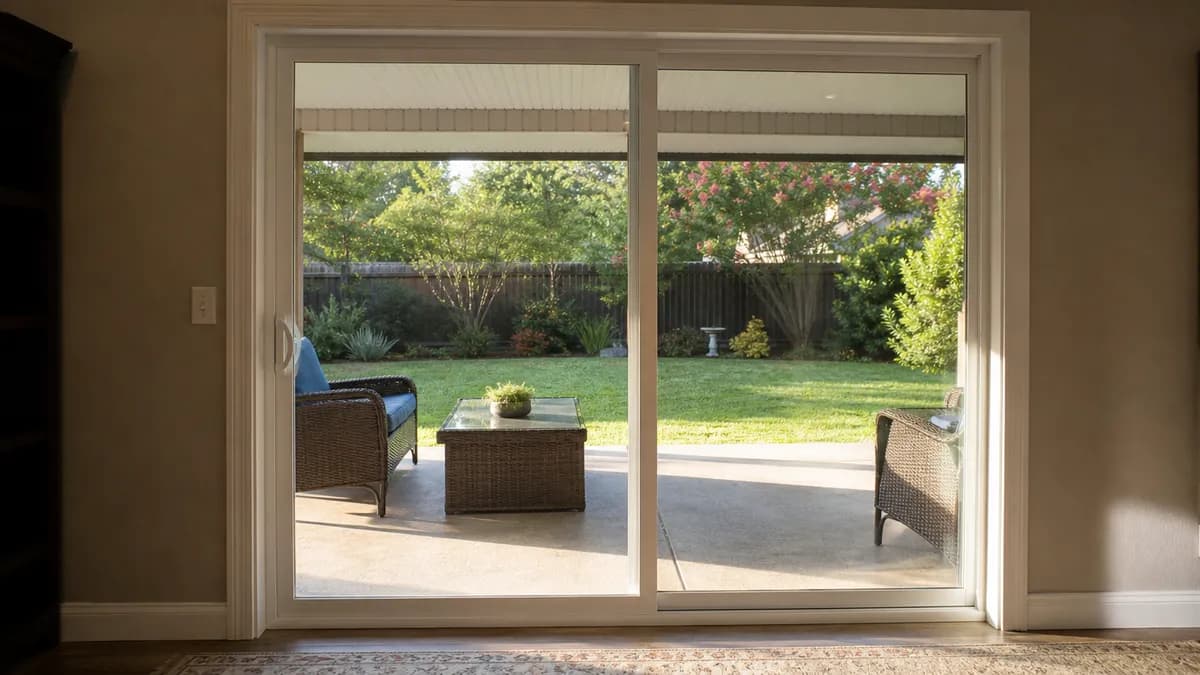 New white vinyl sliding glass patio door opening onto a covered backyard patio in late-afternoon sun