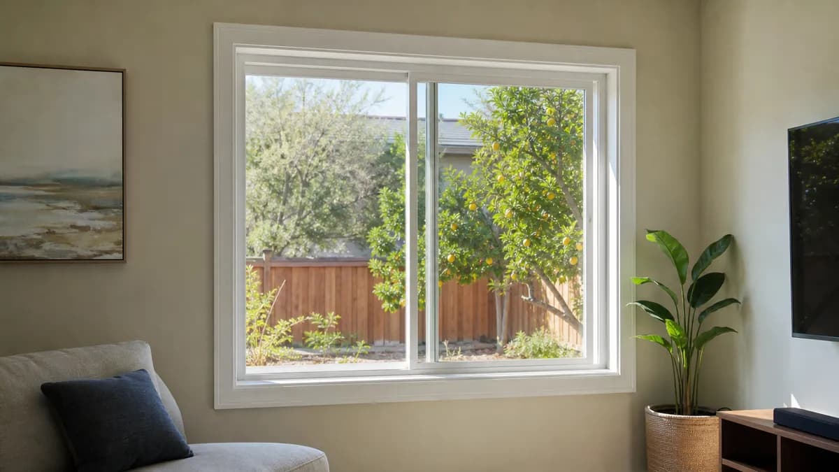 White vinyl horizontal sliding window with dual-pane glass in a bright living room, citrus tree in the backyard beyond