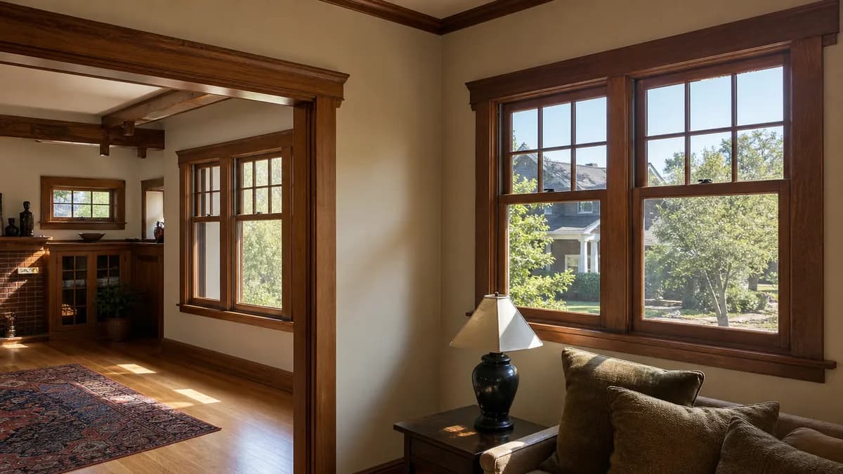 Craftsman-style room with stained wood windows divided into small lites and framed by wood trim.