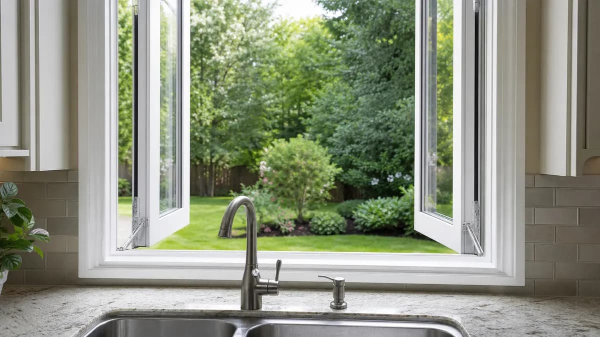 A kitchen sink beneath a pair of white casement windows cranked open toward a green garden.
