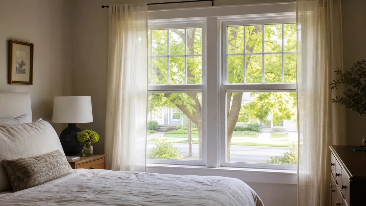 Bedroom with a pair of white double-hung windows with grids and sheer curtains, street trees visible outside.