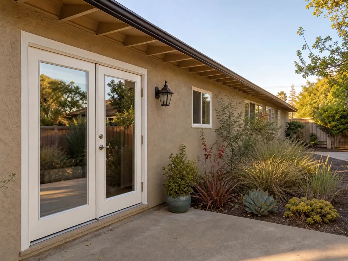 Pair of white-framed French patio doors on a tan stucco ranch house opening onto a concrete patio