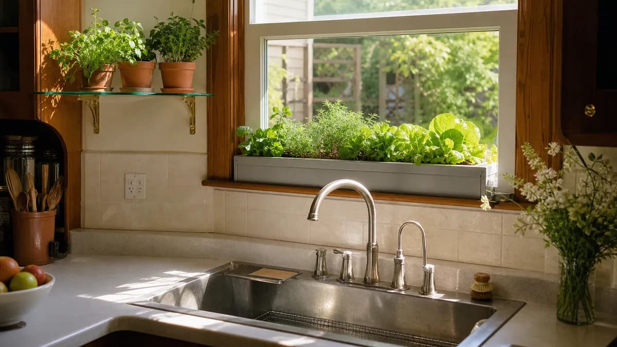 A kitchen sink window with potted herbs on a glass shelf and a planter, framed in wood trim.