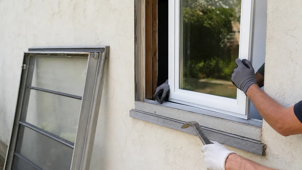 Gloved hands fitting a new white vinyl window into a stucco wall opening, with the old aluminum window leaning against the wall.