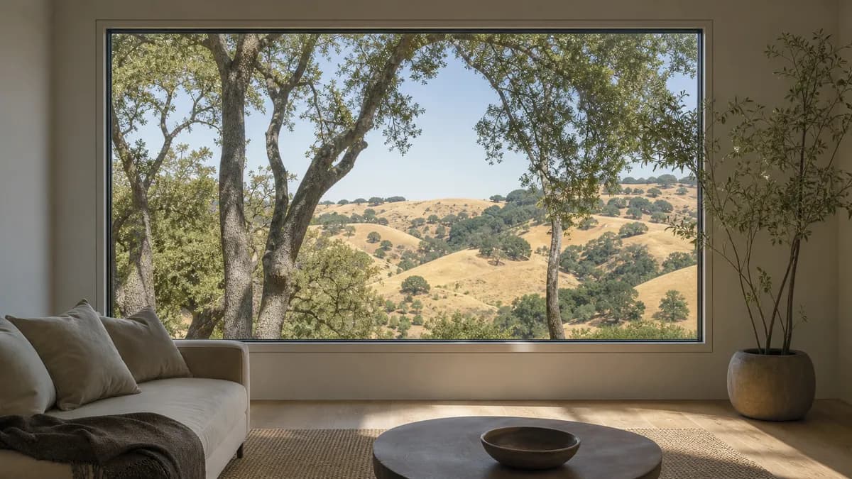 Living room with a large picture window framing oak trees and golden hills.