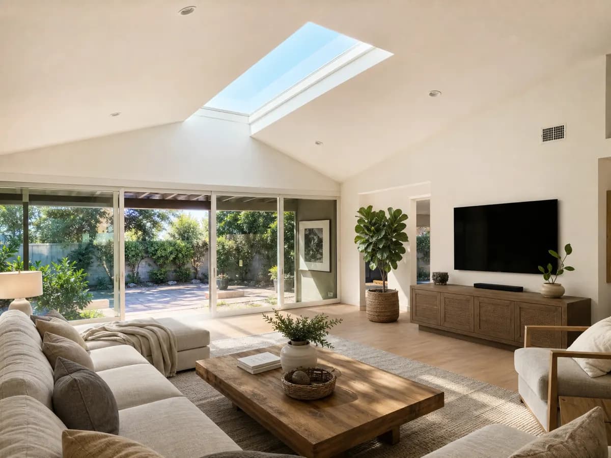 Bright living room with a new rectangular skylight in a white vaulted ceiling