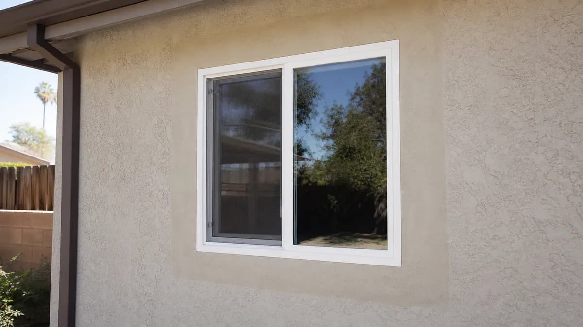 Exterior view of a white horizontal sliding window set in a beige stucco wall.